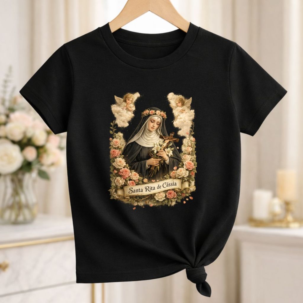 T-Shirt Infantil Juvenil Santa Rita De Cassia Camiseta Católica Feminina Blusa Religiosa Estampa Santa