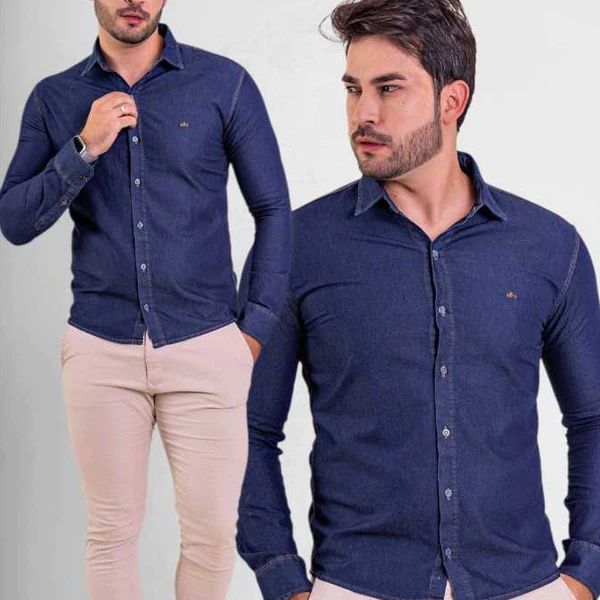 Camisa Social Jeans Masculina Manga Longa Algodão Slim Botão Premium Casual Moderna