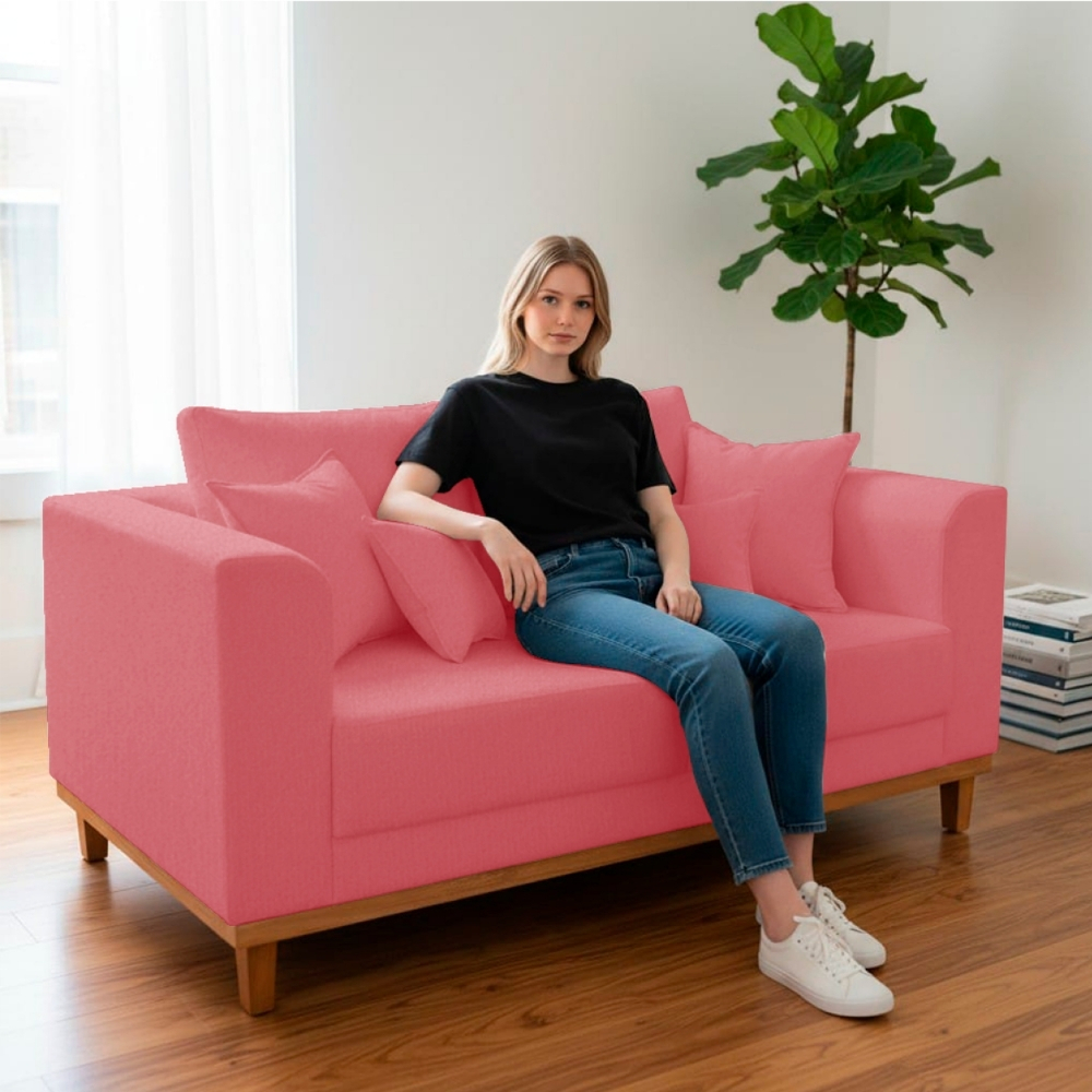 Sofá Sala de Estar 02 Lugares Beny Suede Rosa Madeira Estofados