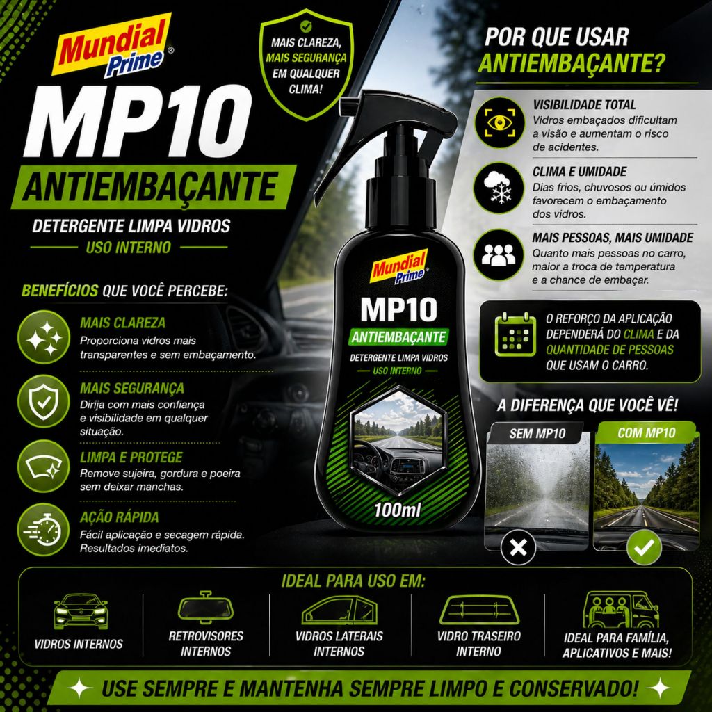 AntiEmbaçante MP10 Para Carros, Vidros, Espelhos, Box, Janelas 100ml Mundial Pirme Capacete Viseira