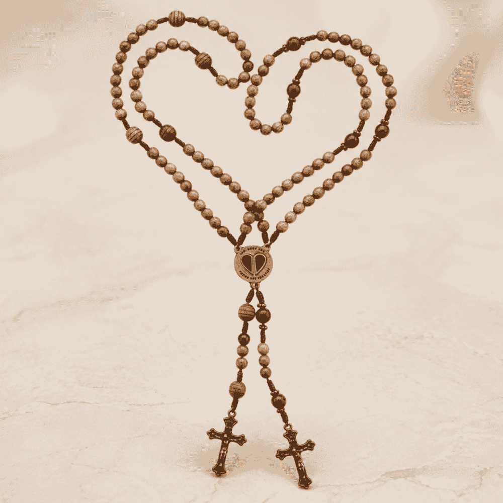 Kit Terço Casal Católico Madeira Metal 8mm Coração Fé 43cm Presente Religioso Namorados Casamento
