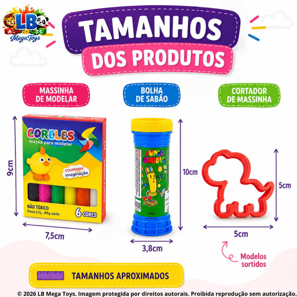 Detalhes do Kit 20 Cx Massinha de Modelar + 20 Bolha de Sabão + 20 Cortador Molde Festa Lembrancinha Infantil