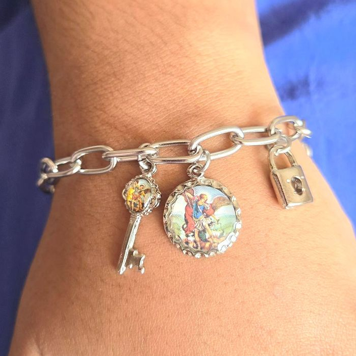 Pulseira Consagração São Miguel Arcanjo Inox + Oração — Proteção Espiritual | Presente Religioso