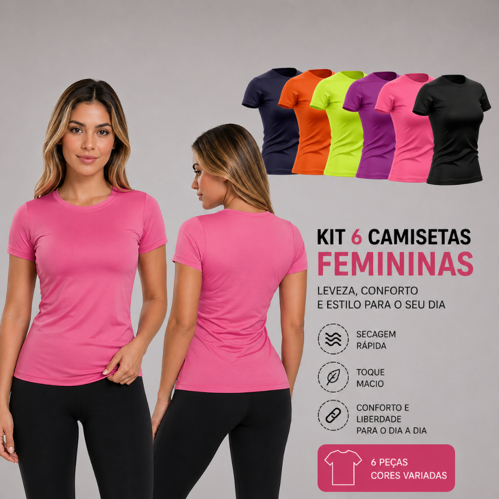 Kit 6 Camisetas Feminina Manga Curta Dry Fit Proteção Solar Blusinha Esportiva Esportes Academia, Cross Fit Corrida