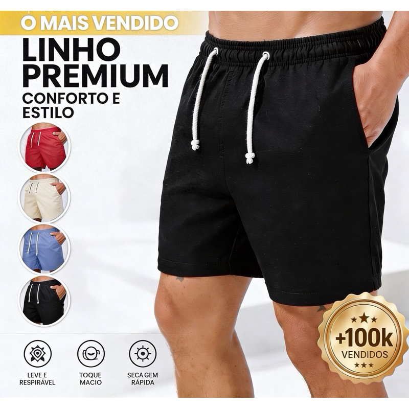 Short Bermuda Linho Masculino Casual Verão Cintura Elástica confortável