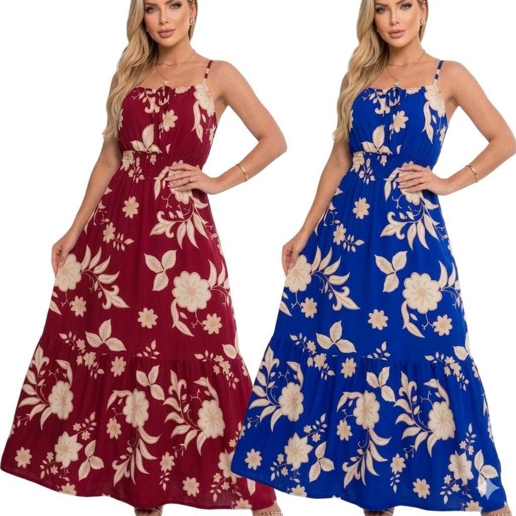 Vestido Plus Síze Feminino  Estampado Floral Alcinha Longo Verão Florido Lastex Soltinho Rodado Viscolinho Elastex