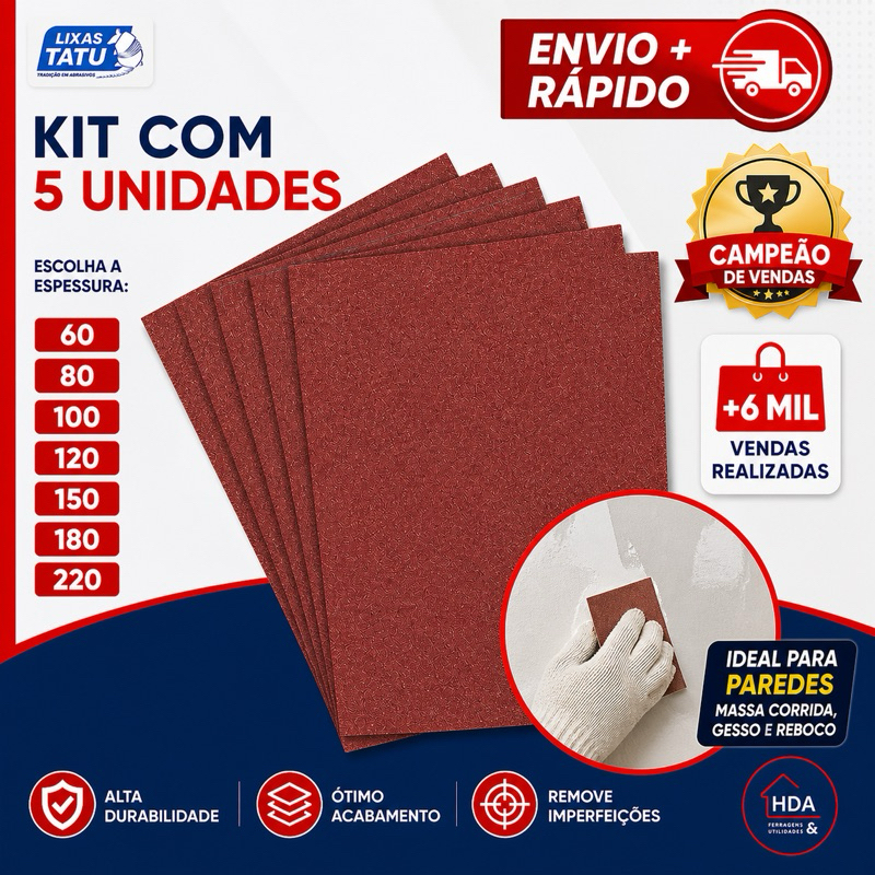 Lixa Para Massa Kit 5 Unidades Parede Reboco Massa Corrida Gesso 60 A 220 – Lixas Tatu