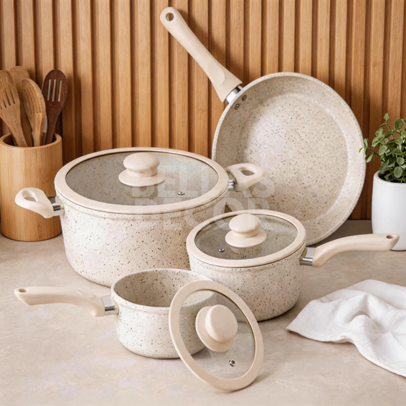 Kit Jogo Panelas 4 Peças Revestimento Cerâmica Marmorizado Creme Antiaderente Premium Tampas Vidro Organização Cozinha — imagem 1