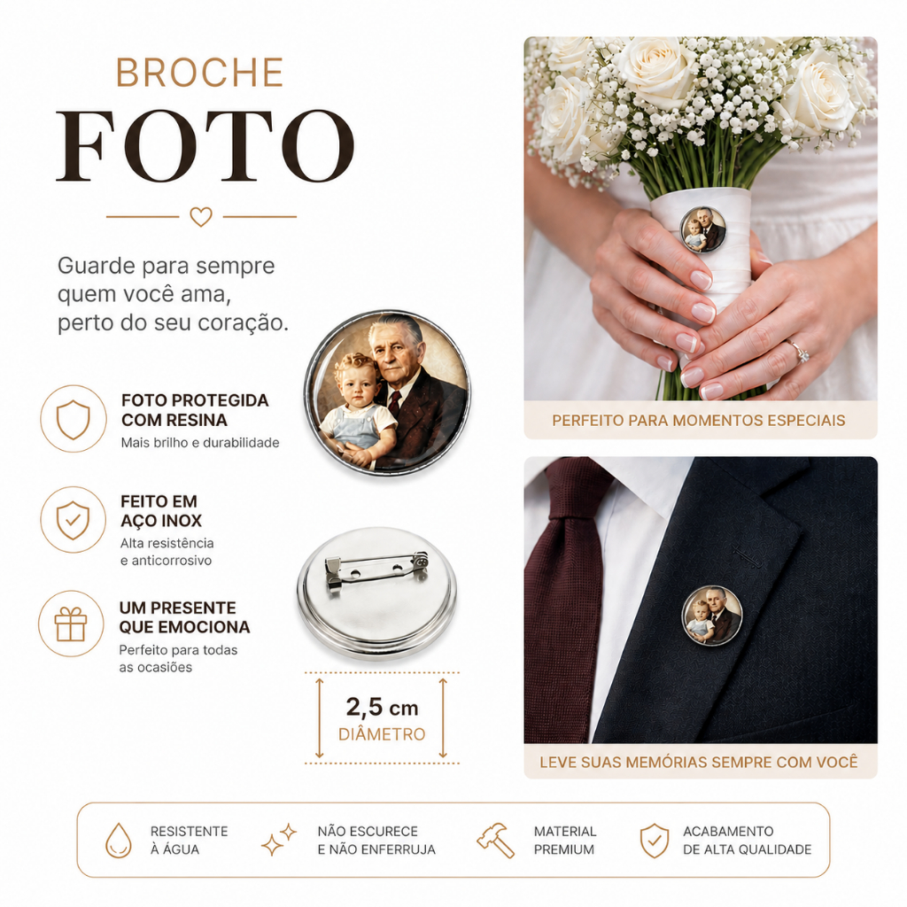 Broche Relicário Terno Noivo com Foto Lapela, Broche buquê Noiva, Casamento Homenagem Pai e Mãe, Formatura
