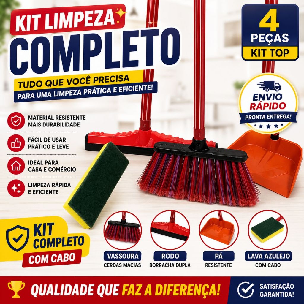 kit 1Vassoura (com cabo) 1 Rodo (com cabo) 1Lava limpa Azulejo(com cabo) e a pa de lixo (com cabo)