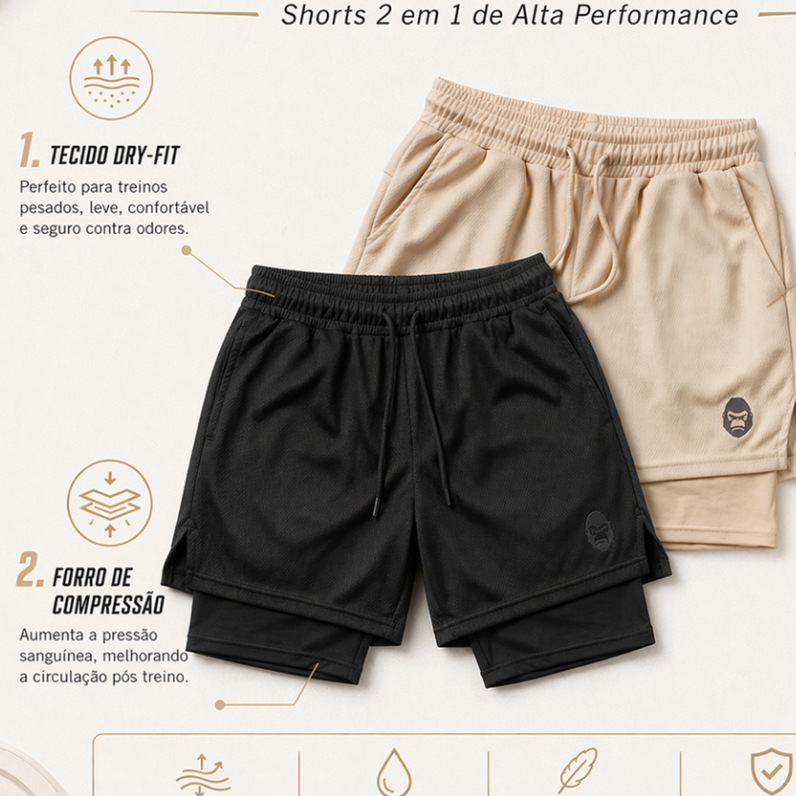 2 ou 3 Unidades de Bermudas de Compressão  2 em 1 masculino para Treino com KONG