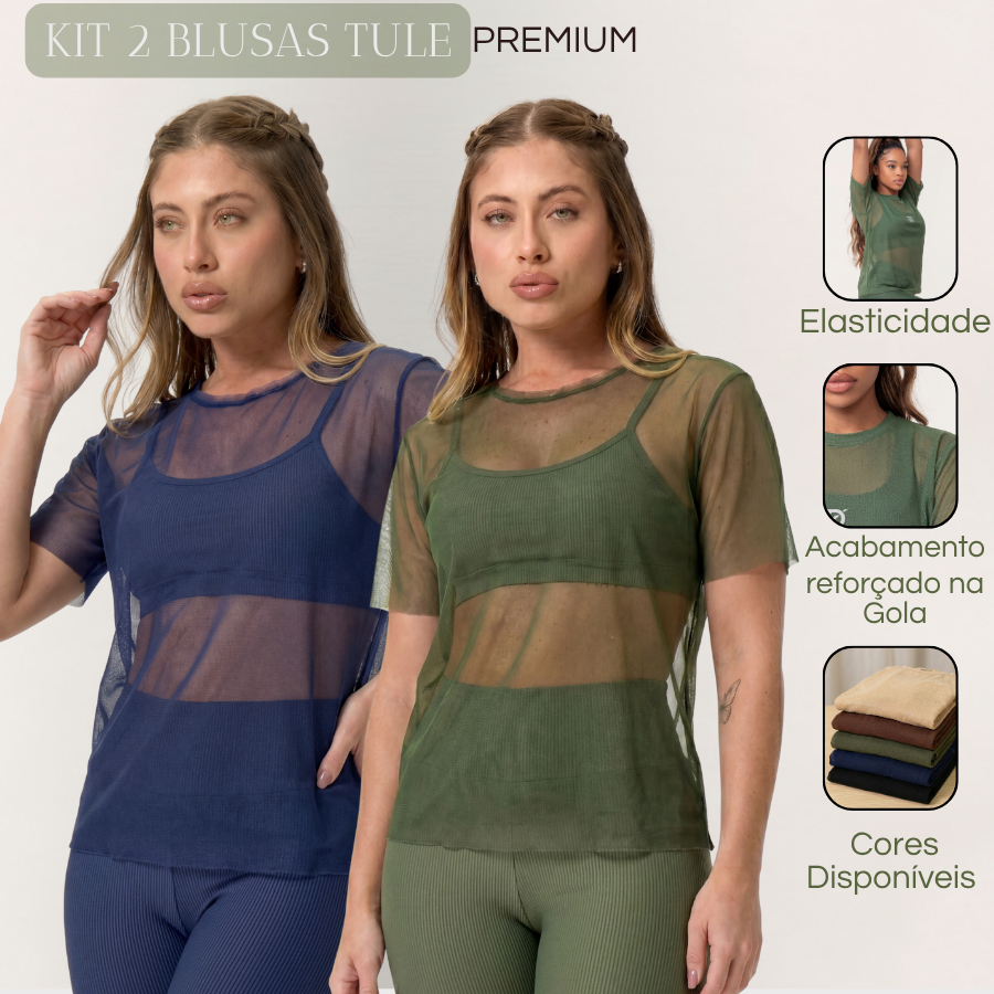 Kit 2 Blusa Feminina Transparente de Tule Manga Curta Camiseta Academia Treino