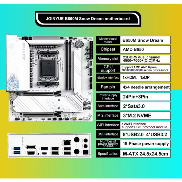 Placa Mãe JGINYUE B650M Snow Dream AM5 DDR5 WiFi White