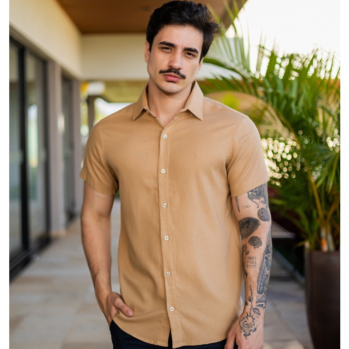 Camisa Social Masculina Manga Curta Linho Casual Slim Fit Premium Moda Verão