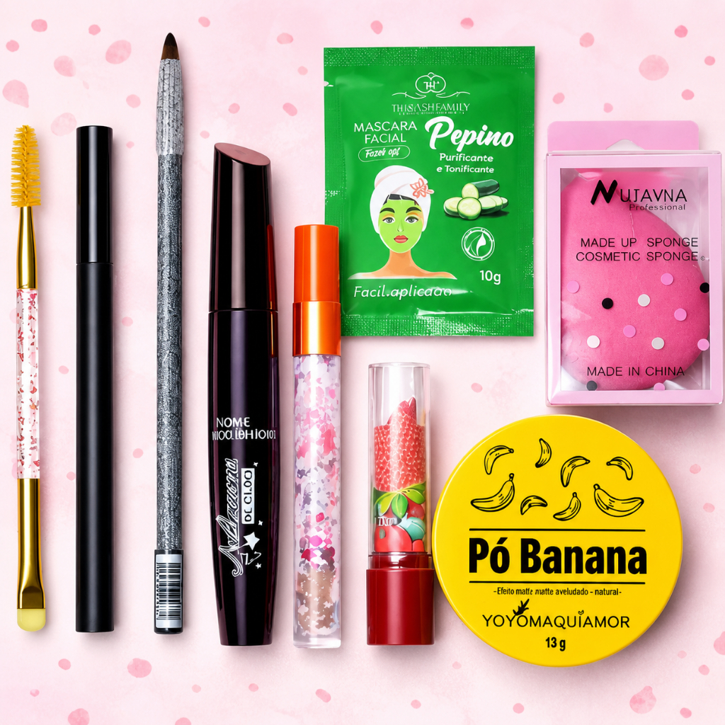 Kit de Maquiagem Glamour - 9 Itens Pó Esponja Brilho Labial Gloss Delineador Lápis Máscara Batom