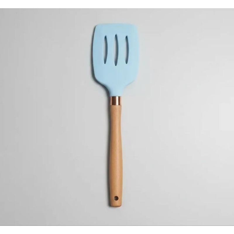 Espátula Vazada de Silicone Verde com Cabo de Madeira Resistente - Utensílio de Cozinha Antiaderente