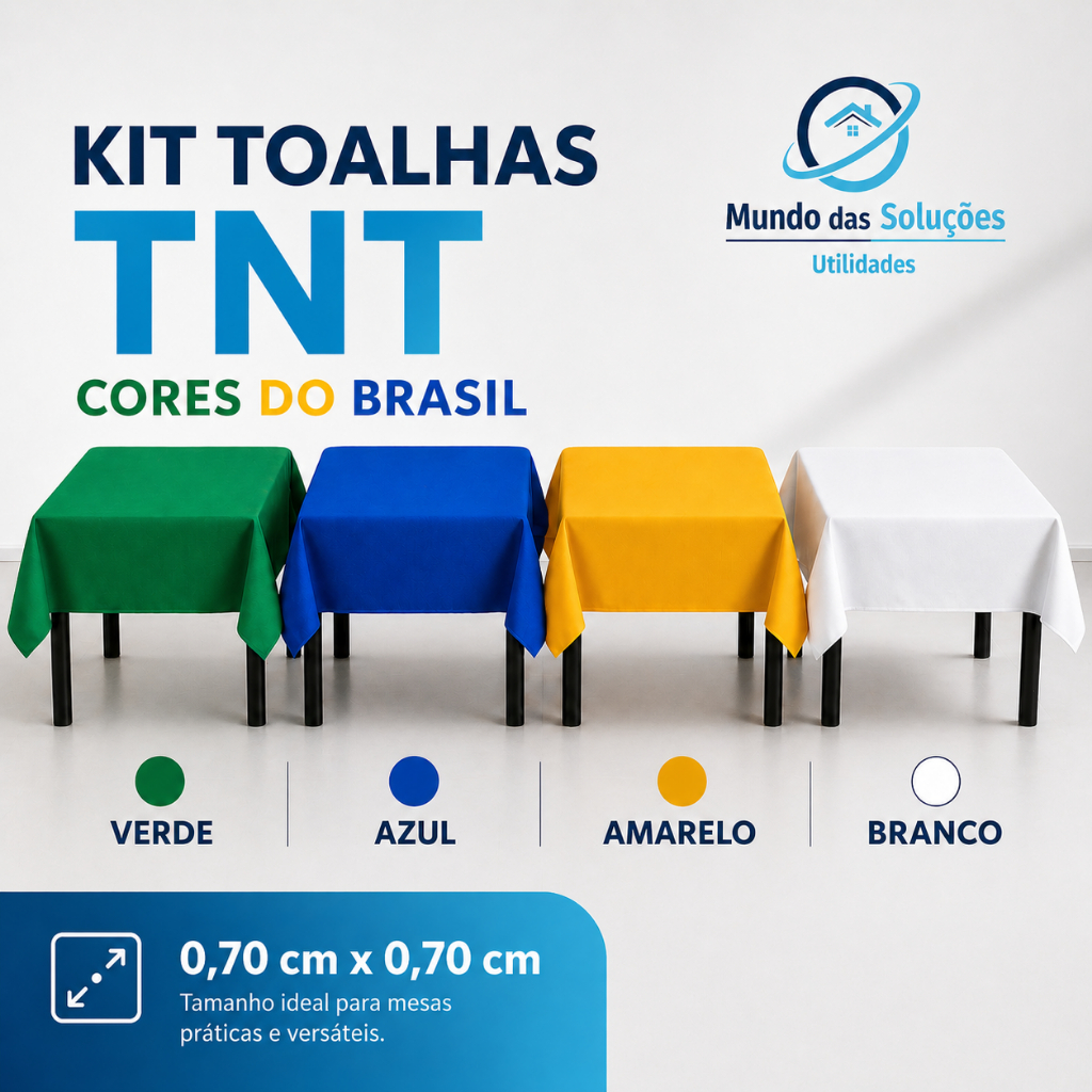 Kit Toalha de Mesa TNT Copa do Mundo Cores do Brasil Amarelo | Azul | Verde | Branco 0,70cm x 0,70cm