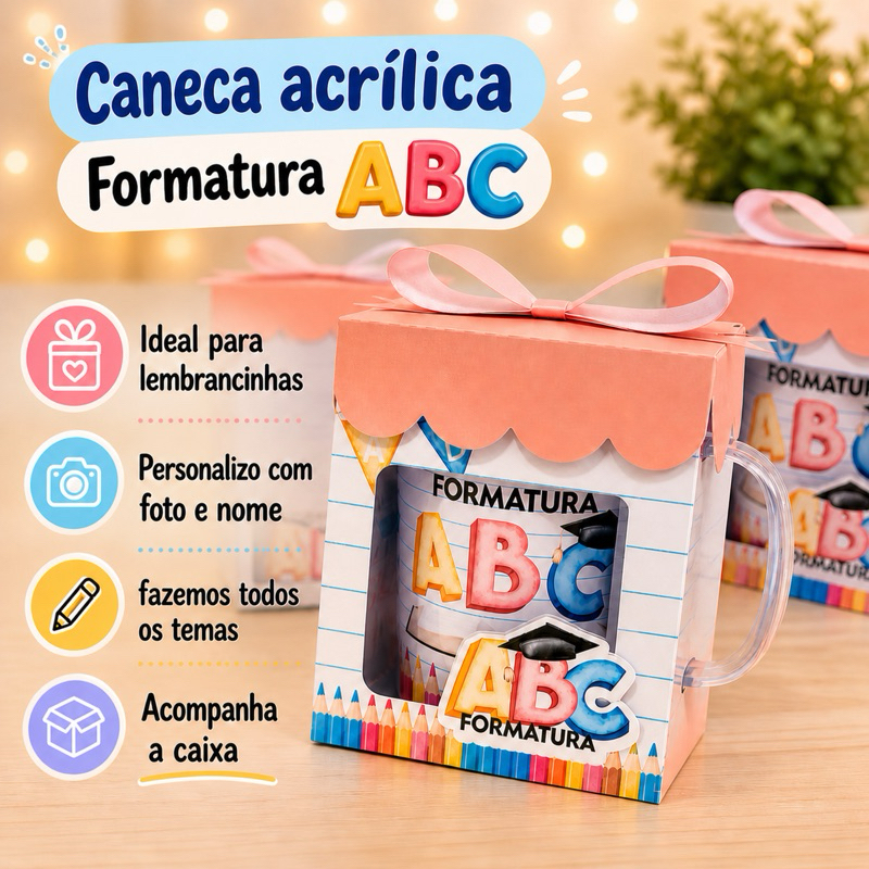 Caneca Acrílica Personalizada Formatura ABC Infantil | Com Foto, Nome e Data | Lembrancinha Escolar 350ml