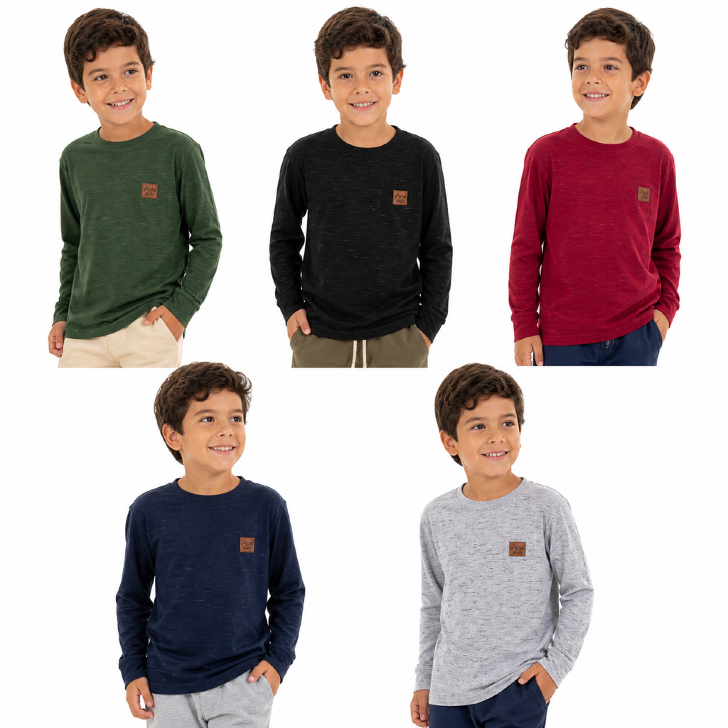 Kit 3 Camisetas Manga Longa Infantil Menino Básica Lisa em malha JET Tamanho 1 ao 14 — imagem 2 de 2
