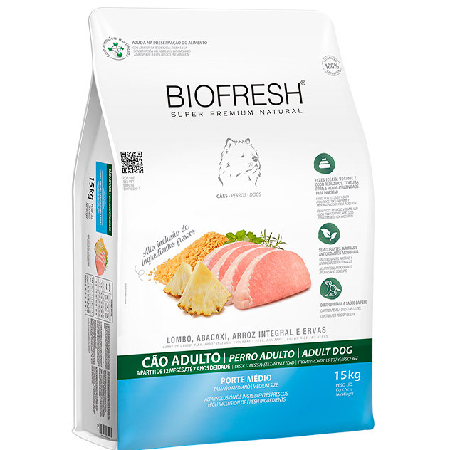 Racao Biofresh Cães Adulto Porte Médio 10kg Sabor Lombo e Abacaxi