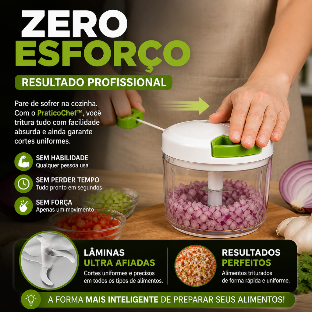 Mini Processador Manual PraticoChef™ 3 Lâminas Triturador Alho Cebola Legumes Portátil Sem Energia