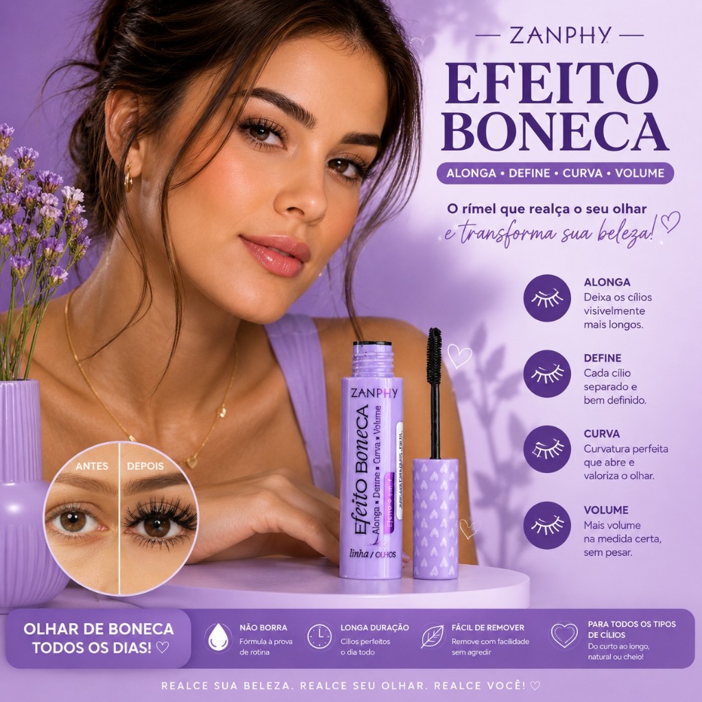 Mascara para Cilios Efeito Boneca Peel Off 4 em 1 Alongamento Volume Carbon Black Zanphy Preto