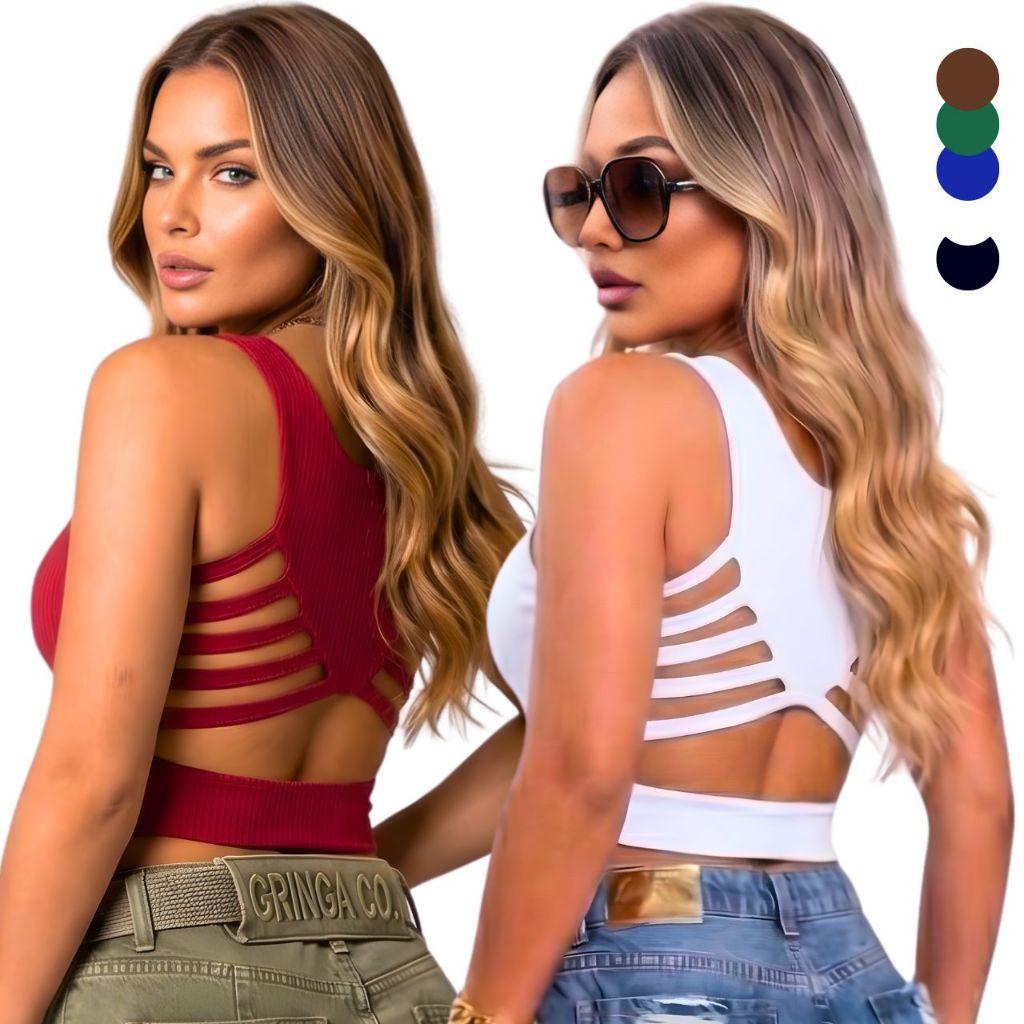 Cropped Canelado Feminino com Bojo Detalhe nas Costas Alças Largas e Tecido Canelado Premium Oferta