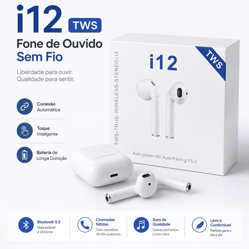 Fone de Ouvido Sem Fio i12 Bluetooth Com Touch Bluetooth 5.3