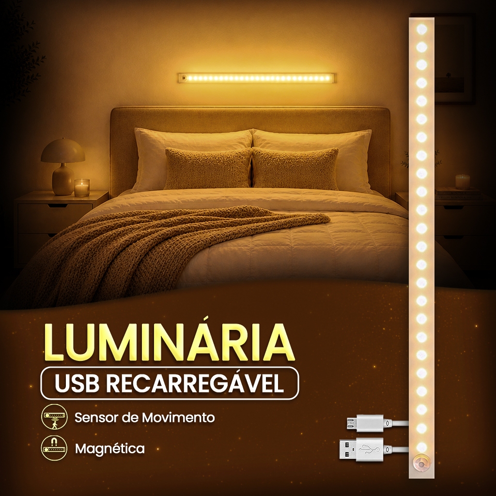 Luminária LED Recarregável com Sensor Movimento Magnética USB Luz Branco-Quente