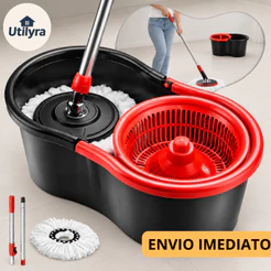 Mop Giratório Plástico 360° com Refil Incluso ou Com 2 Refis Balde 8 Litros e Cesto Cabo