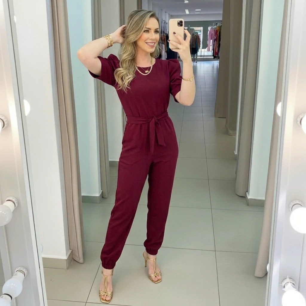 Macacão Feminino Longo Manga Princesa Bufante Duna Com Cinto Elegante