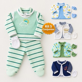 Kit 5 Conjuntos Bebê Menino Recém Nascido Saída Maternidade Enxoval Algodão Antialérgico RN