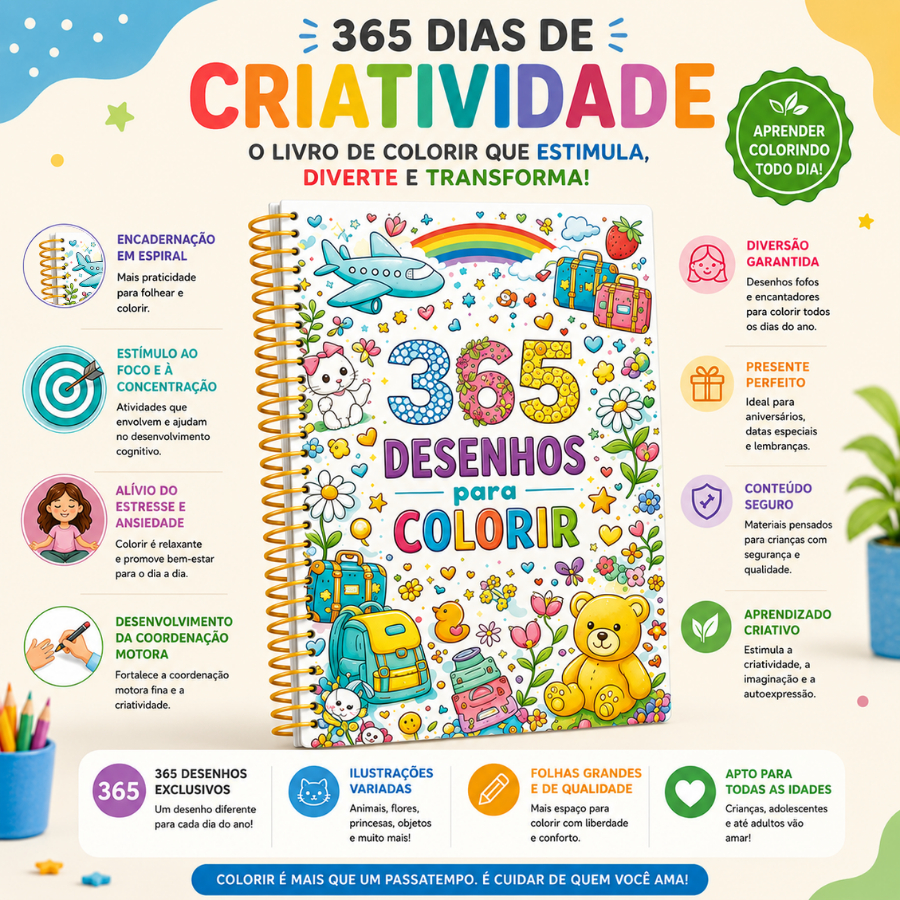 365 Desenhos para Colorir Branco Espiral Livro Infantil Educativo Criatividade e Diversão