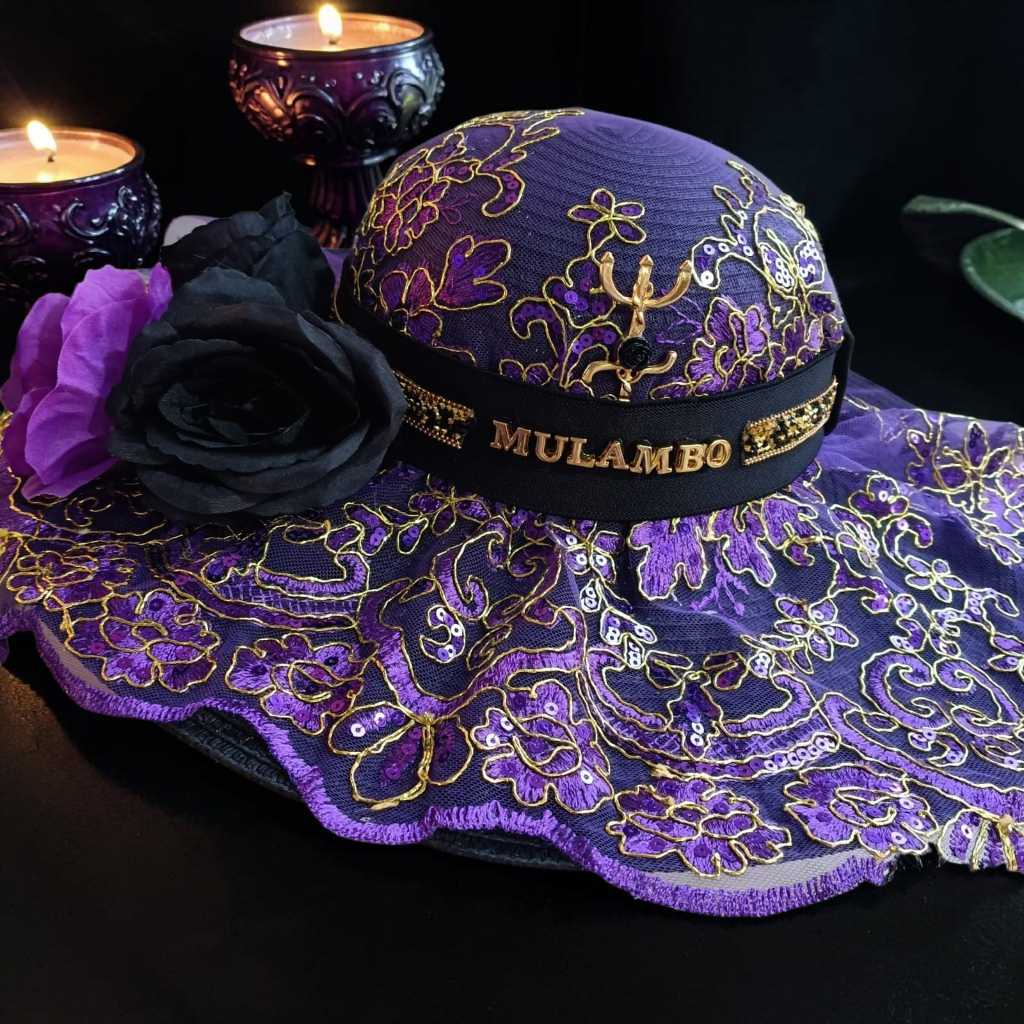 chapeu de Pomba gira Maria Mulambo linha luxo com brilhos, rosas e pingente