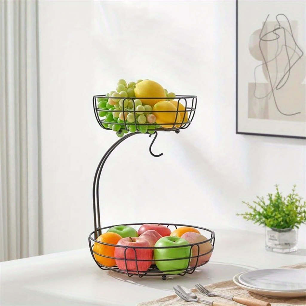 Fruteira Dupla de Mesa em Metal Preto – 2 Cestas Removíveis