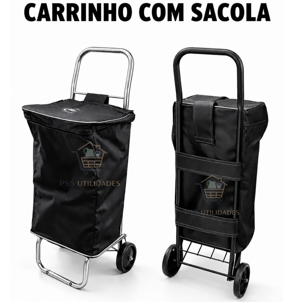 Carrinho De Mão Com Sacola Base Dobravel Compras Mercado Feira Cor Preto