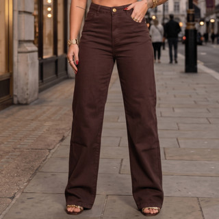 Calça Wide Leg Jeans Chocolate Cintura Alta Moda Feminina Pantalona Lançamento