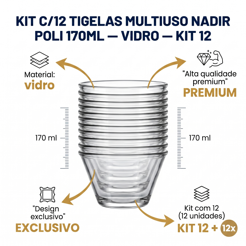 Kit Jogo de 12 Tigelas de vidro Multiuso Nadir Poli 170ml transparente Pronta Entrega — imagem 2 de 2