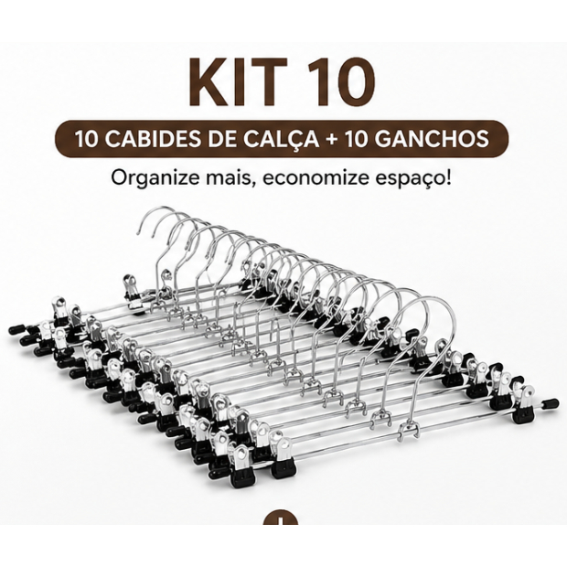 Cabide de Calça Premium Cromado Com Presilhas Fortes Antiderrapante Economia de Espaço