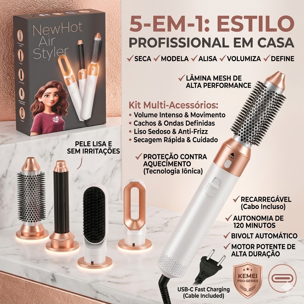 Escova Secadora 5 em 1 Modeladora Alisadora Multifuncional Profissional 220V Branca e Dourada