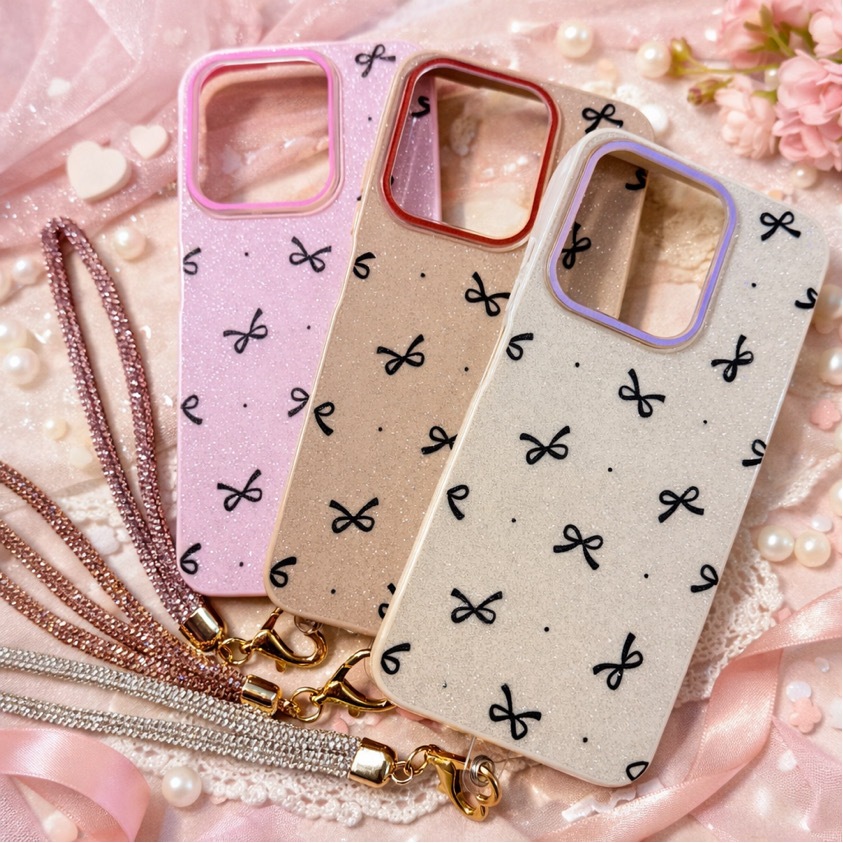 Capa Capinha Motorola Moto G56 / Moto G75 Silicone Aveludada Lacinho com Brilho e Cordão em Strass
