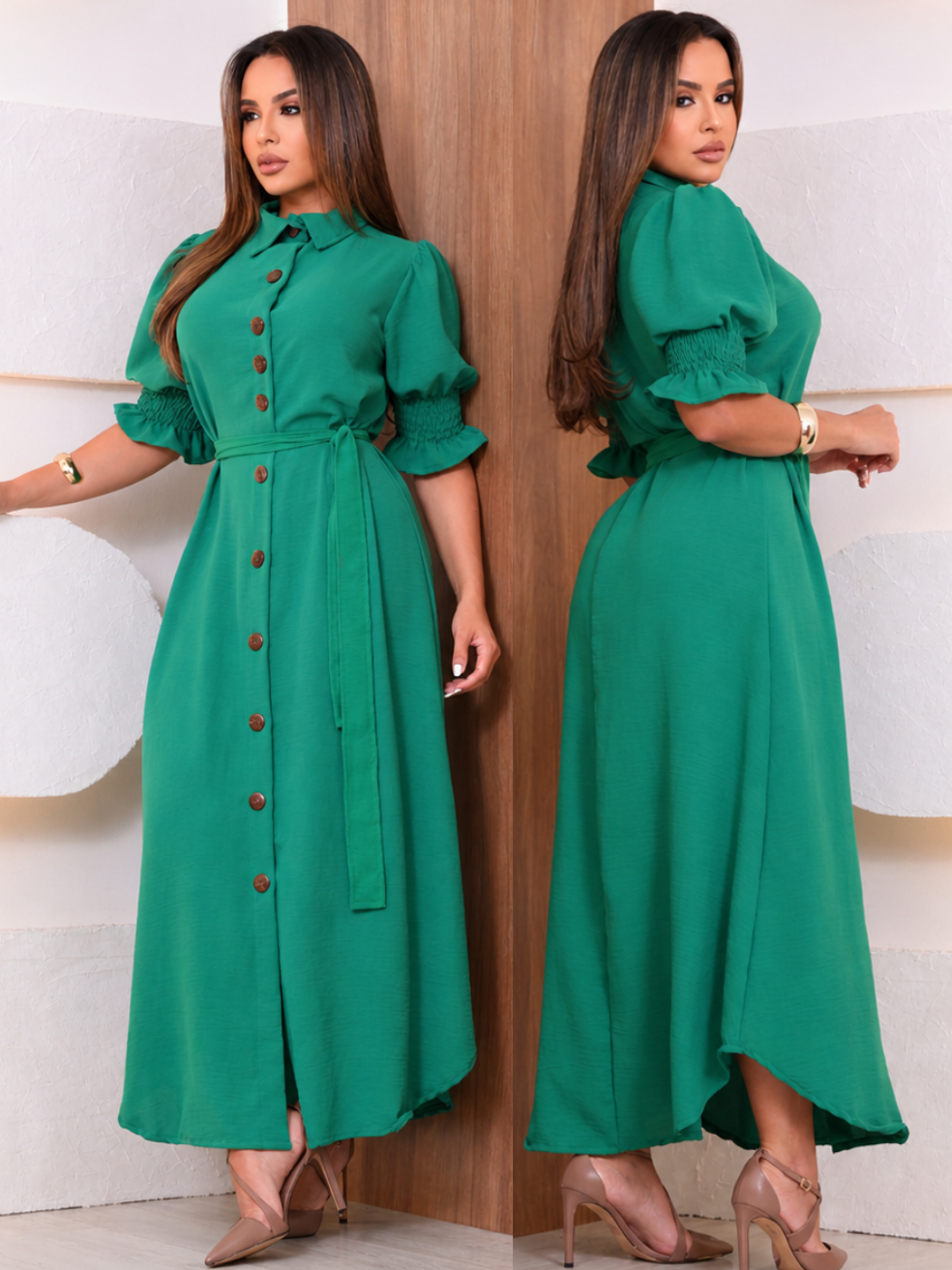 Vestido Chemise Longo Feminino Social Elegante com Cinto Faixa