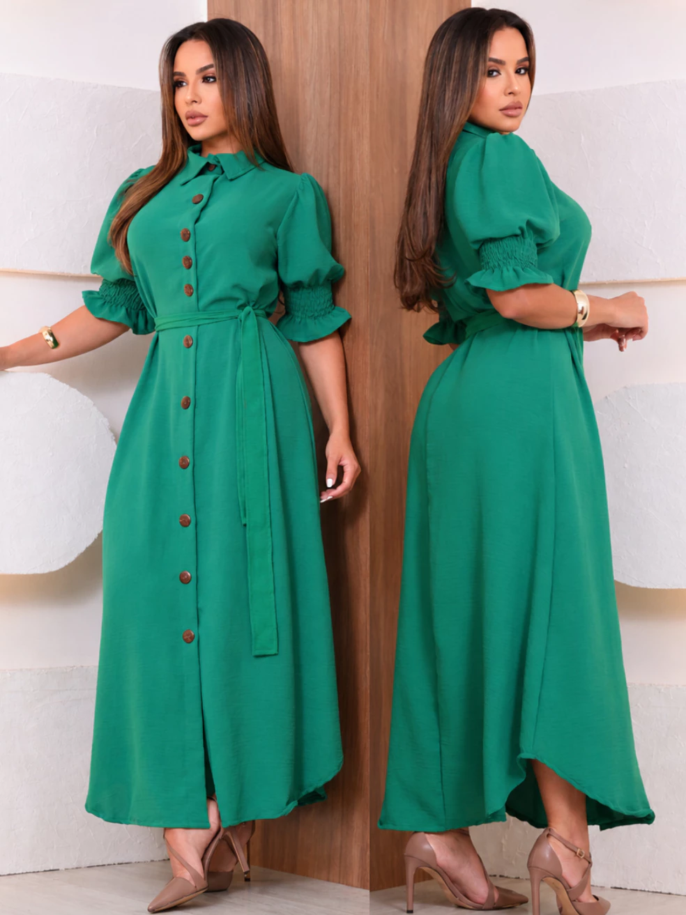 Vestido Chemise Longo Feminino Social Elegante com Cinto Faixa