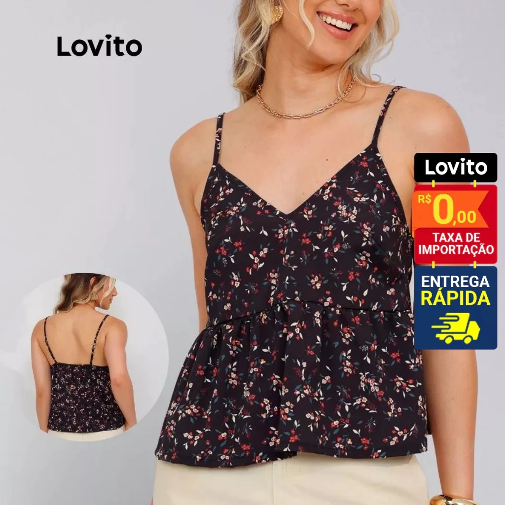 Lovito Blusa Feminina Bata Basica Alças Finas Estampa Mini Flores Elegante BRTKB1390BRL1420