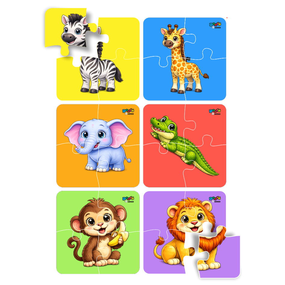Kit 6 Quebra Cabeça Animais Floresta Madeira Com 4 Peças