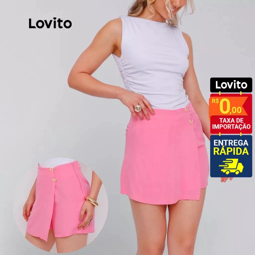 Lovito Shorts Saia Rosa Botoes Curto Basico Moda Casual Liso Feminino