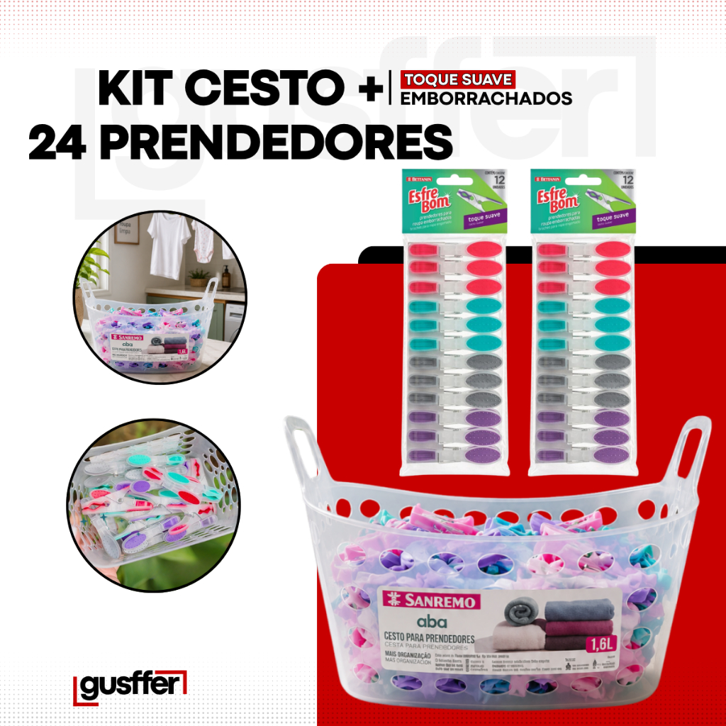 Kit Cesto + 24 Prendedores Pregadores Roupa Emborrachado Bettanin Sanremo Varal Lavanderia