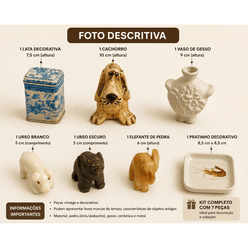 Kit Vintage Retrô Miniaturas Decorativas Pedra Gesso Cerâmica Antiquário