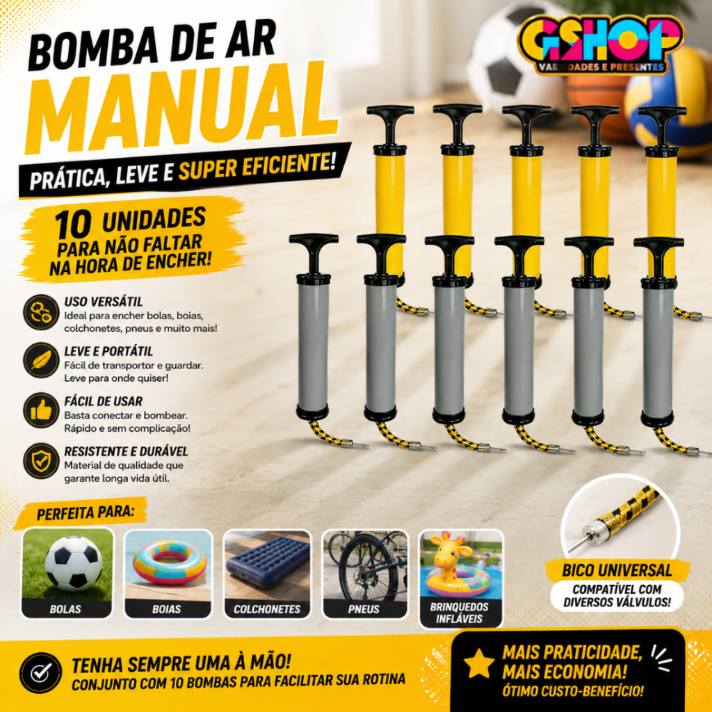 Kit 10 Bombas De Encher Manual Compacta 24cm Com Mangueira Bico De Metal Para Boias Bolas Diversas