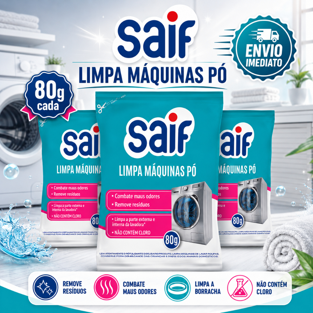 Kit 3 Saif Sachê Limpa Máquina Lavar Roupa 80g Pó · Higieniza Tambor Remove Odor · Sem Cloro 3 Meses